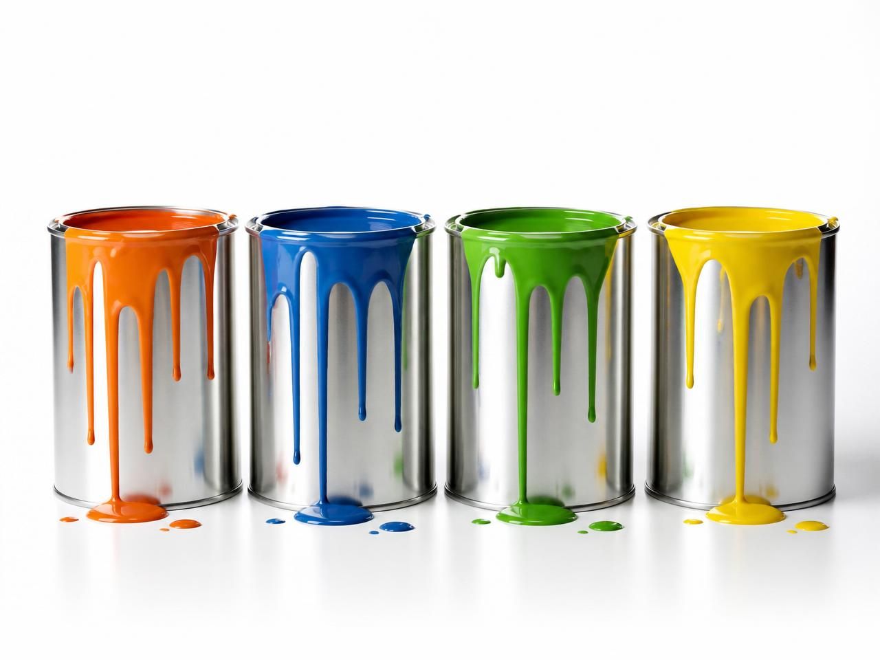 Latas de tinta laranja, azul, verde e amarela